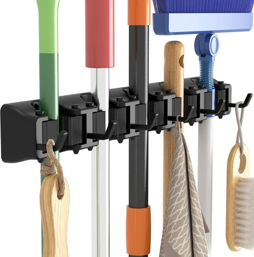 Lifewit Soporte de pared para fregona y escoba, colgador de escoba antideslizante para organización de cocina, organizador de suministros de Negro