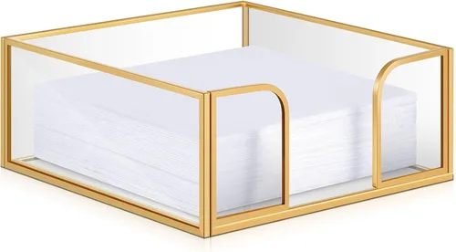 LemonRoad 1 Pcs Square Gold Napkin Holder for Table 5.7 x 5.7 Inch Decorative Cocktail Napkin Holder Glass Flat Paper Basket for Kitchen Dining