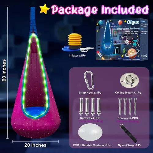Miniatura 5 de Asiento de Columpio Pod Iluminado para Niños, Silla de Columpio Hamaca Colgante para Niños con Luces LED y Almohada Inflable, Columpio Pod Sensorial