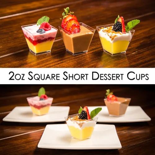 Miniatura 8 de DLux 100 x 2oz Tazas Cuadradas Mini de Postre con Cucharas y Tapas, Taza de Plástico Transparente para Aperitivos Parfait - Pequeño Cuenco