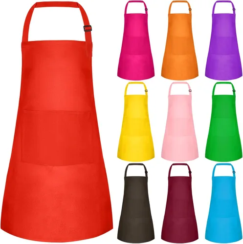 Miniatura 10 de Juego de 15 delantales para niños, delantal ajustable para niños con 2 bolsillos, delantal de chef para niños para pintar, cocinar, hornear, Negro
