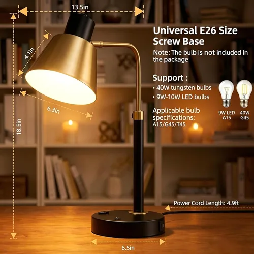 Miniatura 2 de Lámpara de escritorio con USB-C, USB-A y toma de CA, lámpara de escritorio de metal ajustable con cabezal giratorio de 340°, lámpara de mesa