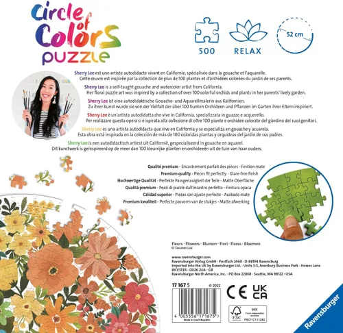 Miniatura 3 de Ravensburger Circle of Colors: Flowers - Rompecabezas redondo de madera de 500 piezas para adultos y niños, diseño único de piezas, vibrante y sin