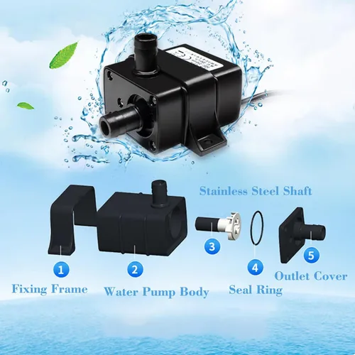 Miniatura 5 de Mini bomba de agua sumergible de 12 V CC, 240 L/H 5 W, ultra silenciosa, microbomba sin escobillas, bomba de agua de cabezal de bombeo de 3M para 1