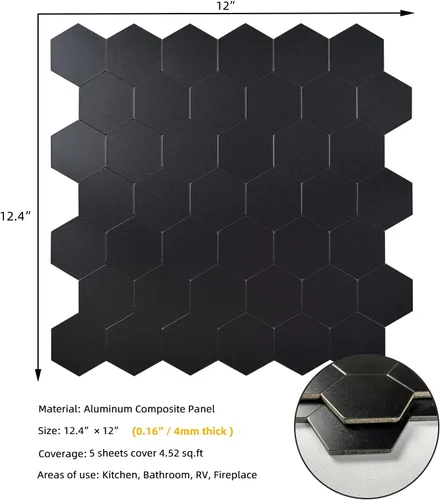 Miniatura 2 de Pelar y pegar azulejos negros, panel compuesto de aluminio hexagonal autoadhesivo para cocina (5 hojas)