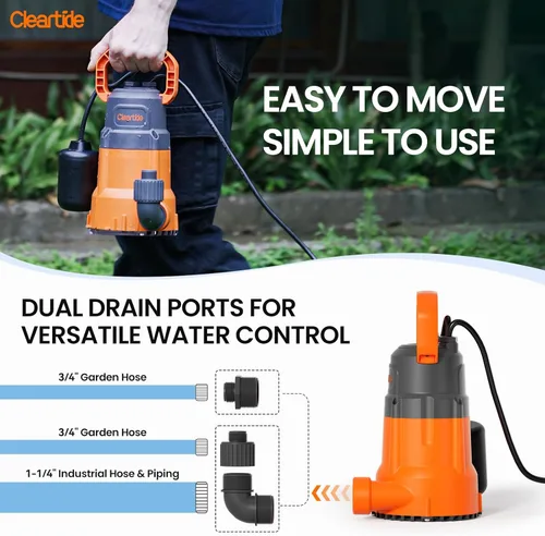 Miniatura 6 de Cleartide Bomba de sumidero sumergible con interruptor de flotador atado, bomba de agua utilitaria de 1/4 HP, motor 100% cobre, bomba de drenaje