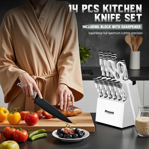 Miniatura 2 de Juego de bloque de cuchillos Huusk con afilador - Juego de cuchillos de cocina blancos con bloque de cuchillos de madera - Regalos ideales para casa