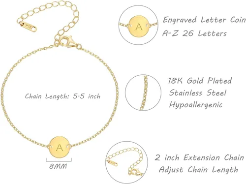 Miniatura 4 de Pulsera con dije de inicial para mujer, chapada en oro de 18 quilates, acero inoxidable, con disco de moneda, grabada, pulsera personalizada