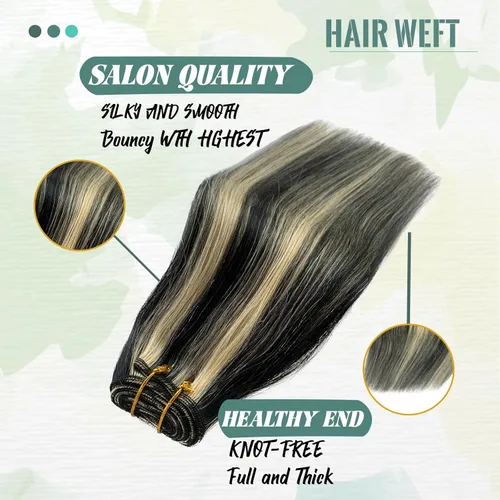 Miniatura 2 de Extensiones de cabello cosidas de cabello humano real, balayage de negro brillante a rubio dorado, paquete de extensiones de cabello humano