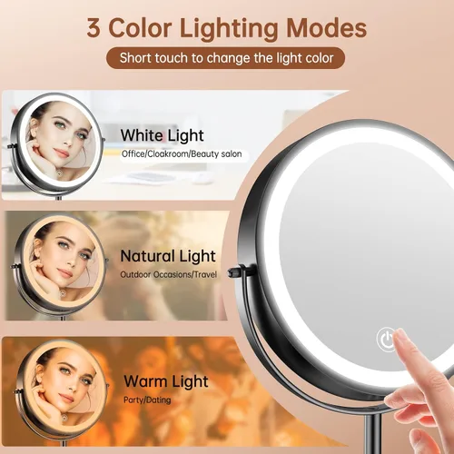 Miniatura 2 de Benbilry Espejo de tocador de maquillaje iluminado de 8 pulgadas con luces, 3 colores regulables, aumento 1X/10X, espejo cosmético con luz de doble