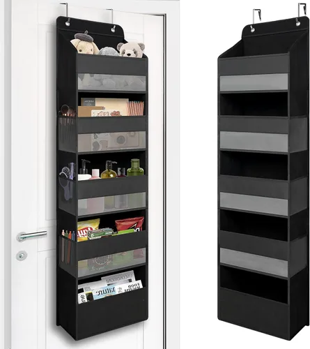 TYMENSH Organizador para colgar sobre puerta con 5 bolsillos grandes, organizador de almacenamiento resistente para colgar, armario, baño, Negro