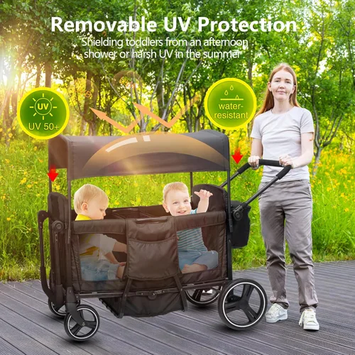 Miniatura 11 de Voupou - Vagón con cochecito para 2, 3, 4 niños, 4 plazas, todo terreno, tándem, vagón para bebés, plegable, ligero, con arnés de 5 puntos, toldo