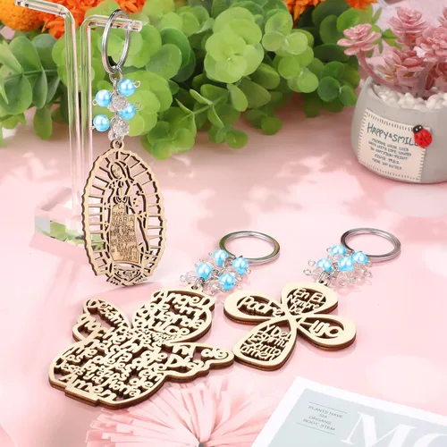 Miniatura 4 de Hicarer Llavero de bautismo cristiano, 18 unidades, perlas de recuerdos de bautizo, llavero de madera con bolsas de organza para bautismo