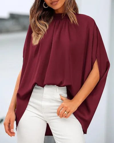 Miniatura 115 de BTFBM Blusas de verano para mujer, cuello alto falso, manga murciélago, holgadas, dobladillo alto y bajo, blusas informales de gran