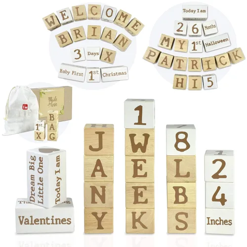 Miniatura 10 de I'm Bloques de edad del alfabeto ABC de madera maciza para bebé, nombre propio personalizado, neutro de género, regalos y recuerdos para recién