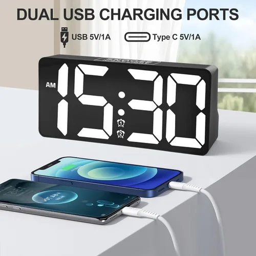 Miniatura 7 de PPLEE Reloj Despertador para Dormitorio con Luz Nocturna y Dígitos Grandes - Reloj Digital de 7 pulgadas con Alarmas Duales y Puertos de Cargador