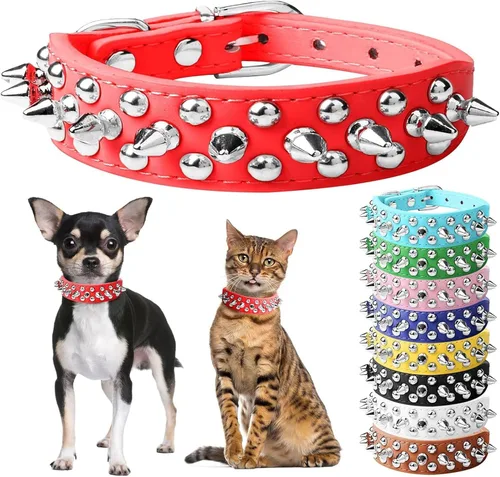 Miniatura 8 de Collar de perro y gato rojo con púas pequeñas para perros pequeños y medianos machos hembras – Collar ajustable con tachuelas – Collar de perro