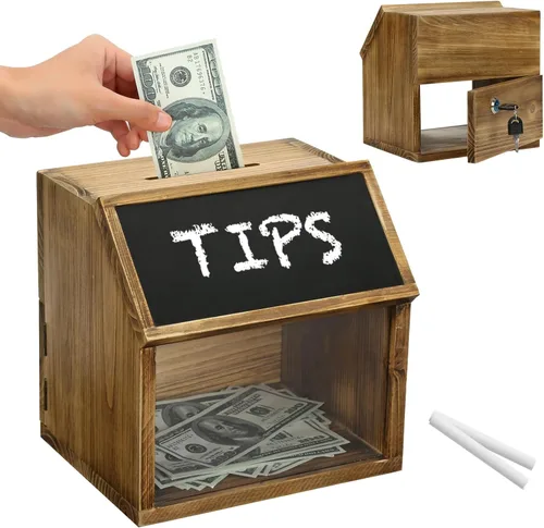 Miniatura 10 de MyGift Caja de colección de madera maciza quemada rústica montada en la pared con tarjetero de metal negro, caja de comentarios y sugerencias