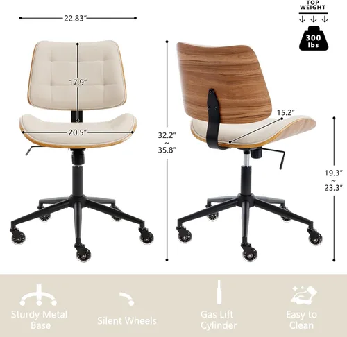 Miniatura 2 de Silla de escritorio de oficina en casa con ruedas, silla de oficina sin brazos de altura ajustable, piel sintética, respaldo medio, silla de Beige