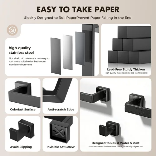 Miniatura 8 de Juego de 10 accesorios de baño negro mate, juego de herrajes de baño de acero inoxidable, toalleros para baño montados en la pared, juego de barras
