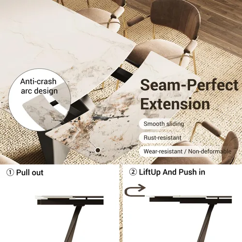 Miniatura 3 de Honyee Mesa de comedor extensible con hojas, piedra sinterizada rectangular de 78 a 110 pulgadas, moderna mesa de comedor grande con asientos de 6