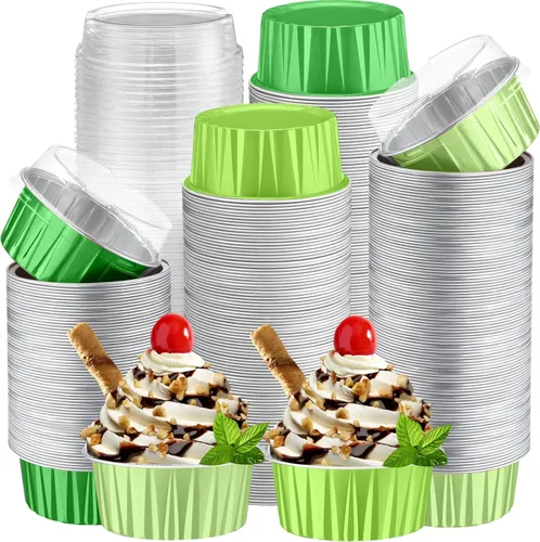 Miniatura 8 de Paquete de 200 Moldes de Papel de Aluminio para Hornear Cupcakes de 5oz Forros para Cupcakes Tazas de Postre con Tapas Moldes Desechables para Verde