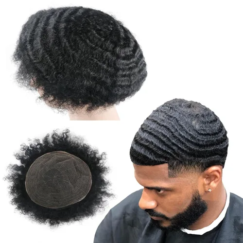 Miniatura 11 de Pelucas Afro Rizadas Toupé para Hombres Pelucas para Hombre Afroamericano Negro Unidad de Cabello Masculino Negro Rizado Afro Tejido Masculino