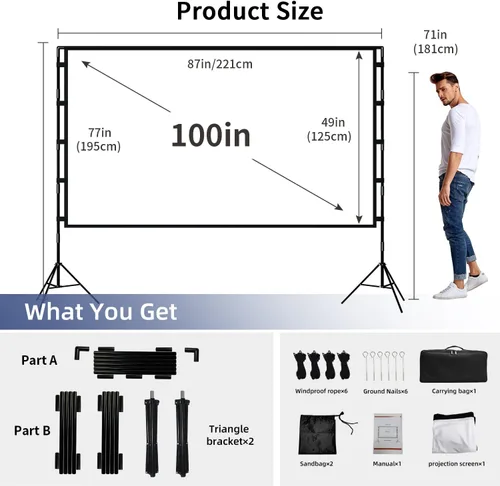 Miniatura 2 de Pantalla de proyector con soporte, Wootfairy pantalla de proyección plegable y portátil de 100 pulgadas 16:9 4K HD, pantalla de película sin arrugas