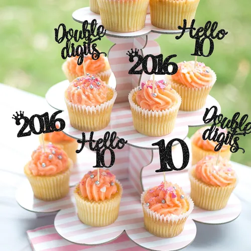 Miniatura 4 de Gyufise Paquete de 24 adornos negros para cupcakes de 10.º cumpleaños con purpurina negra 10 Ten Hello 10 Dights dobles desde 2015 para decoraciones