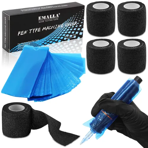 Rayyl - Cubiertas para máquinas de bolígrafos con cintas de agarre, 200 fundas para bolígrafos de tatuaje y 4 piezas de cinta de agarre de tatuaje,