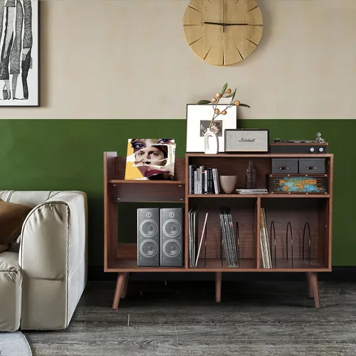 Miniatura 4 de Soporte grande para tocadiscos, mesa de almacenamiento de discos de vinilo de mediados de siglo con patas de madera y almacenamiento de discos