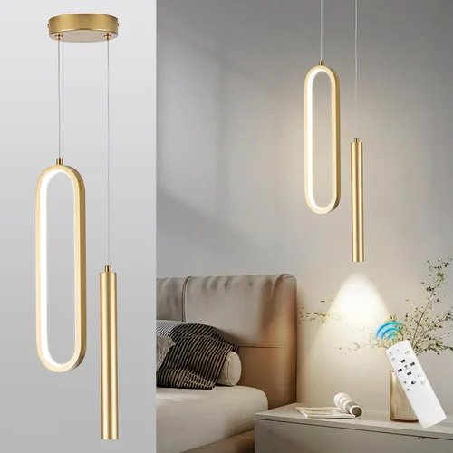 Miniatura 11 de Lámpara colgante LED moderna dorada mini con control remoto, 2 anillos, 24W, temperatura de color de 3 pasos, intensidad ajustable sin escalones