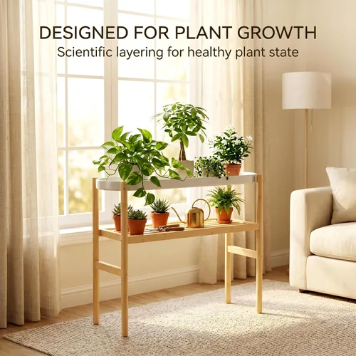 Miniatura 5 de APRTAT Soporte de bambú para plantas de interior, soporte de almacenamiento de plantas de 2 niveles de altura para múltiples plantas, estante
