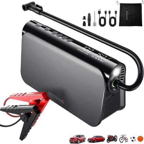 Miniatura 9 de Woowind 3-en-1 Arrancador de batería: Booster de 16000mAh, Banco de energía de 65W, Compresor de aire de 150PSI y Kit de sellado de neumáticos