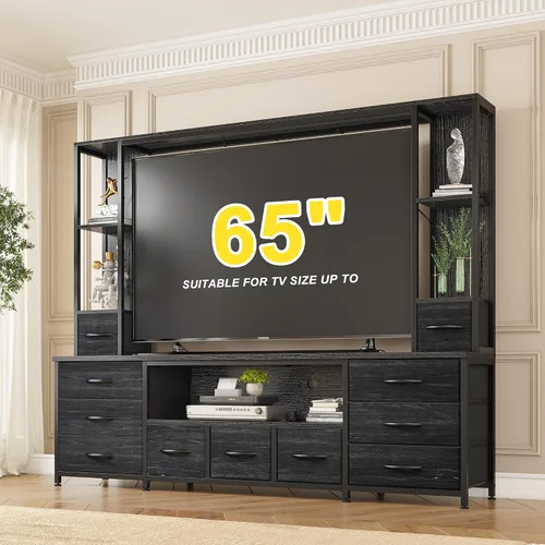 Miniatura 5 de EnHomee Soporte de TV de 65 pulgadas para sala de estar, gran centro de entretenimiento con 11 cajones de tela, 2 luces LED y tomas de corriente