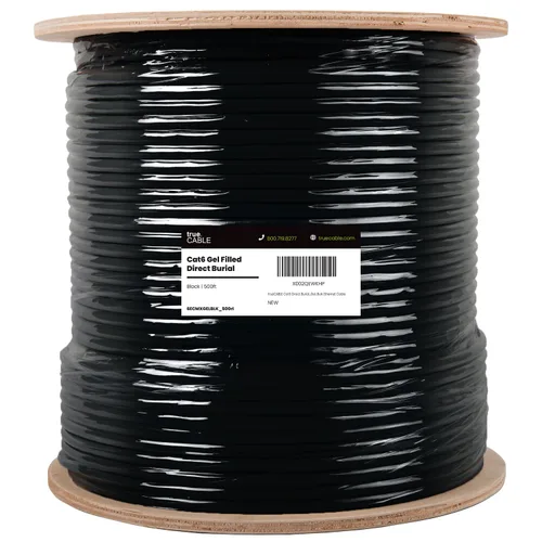 Miniatura 2 de trueCABLE Cat6 Entierro directo, relleno de gel, 500 pies, negro, impermeable, CMX, cobre sólido desnudo de 23 AWG, 550 MHz, PoE++ (4PPoE), listado
