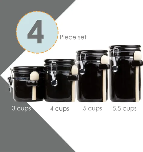 Miniatura 4 de Juego de tarros para la cocina (set de 4 piezas) negro, cerámica de alto brillo de Home Basics, set decorativo de cocina con cucharas de madera, set