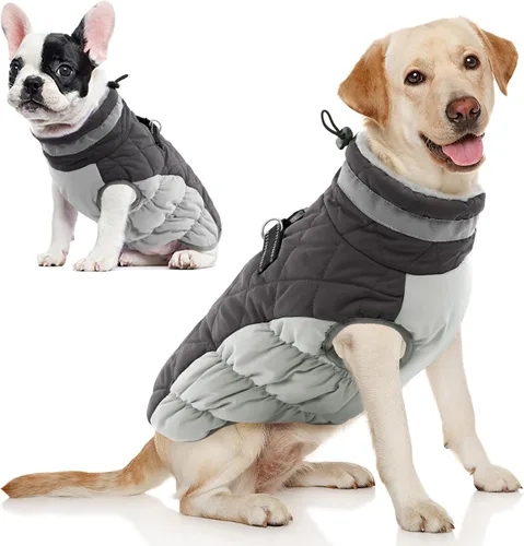 Miniatura 20 de AOFITEE Abrigo para perro, chaquetas cálidas para perros grandes, abrigo reflectante de cuello alto para perros con arnés integrado, impermeable