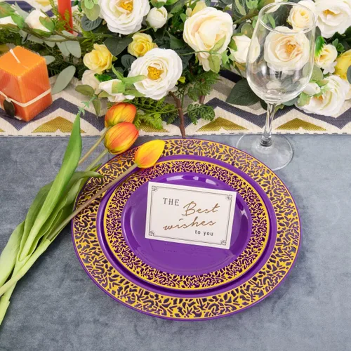 Miniatura 2 de U-QE 150 platos de plástico dorado morado con cubiertos dorados, platos de plástico dorados para fiestas y bodas, incluyen 30 platos llanos de 10.25