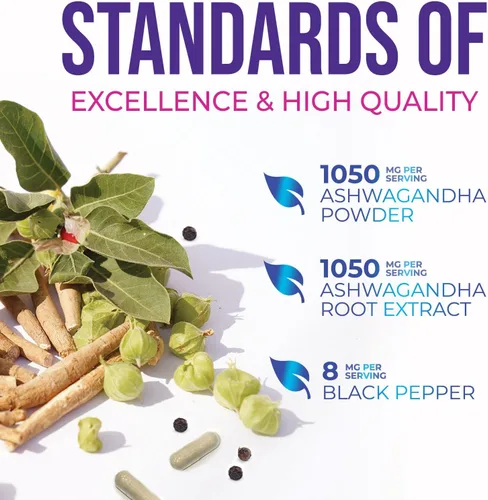 Miniatura 8 de Ashwagandha Supplements - La mejor cápsula de raíz y polvo de Ashwagandha con pimienta negra para una máxima absorción, calma y descanso