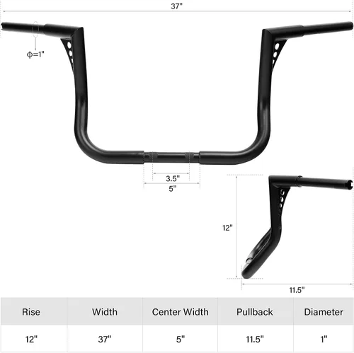 Miniatura 4 de TCMT Barra Ape Hanger Negra de 12" Rise, Manillar Grueso de 1-1/4", Compatible con Harley Dressers Baggers Touring CVO Street Glide Tri Glide