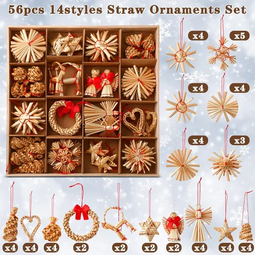 Miniatura 2 de Juego de 56 adornos de paja escandinavos de Navidad, incluyendo estrellas, copos de nieve, corazones, corona de ángel, cabras/julbuck para árbol