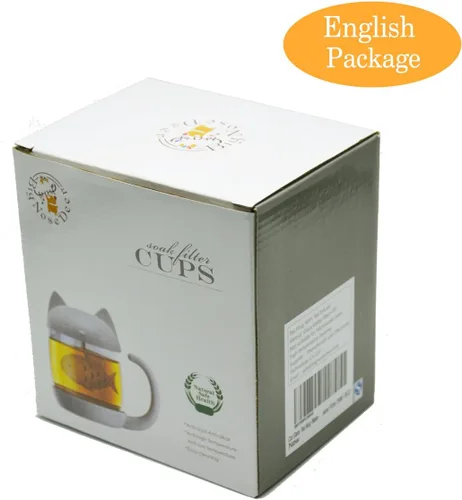 Miniatura 2 de BigNoseDeer Taza de té de gato linda taza de vidrio con infusor de pescado para té de hojas sueltas (blanco 8 onzas)