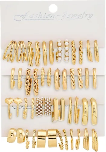 Miniatura 3 de 24 pares de aretes de aro para niñas y mujeres, aretes geométricos de moda, aretes de tuerca de moda, regalo de joyería para fiesta de cumpleaños