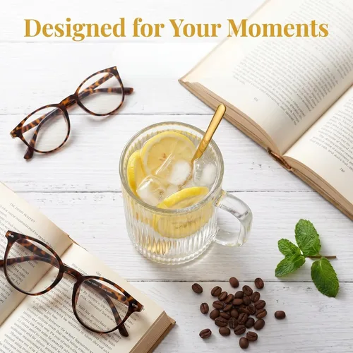 Miniatura 8 de Noamus Paquete de 4 tazas de café de vidrio con tapa y cuchara, taza de té de rayas verticales acanaladas de 13 onzas, juego de cristalería clásica