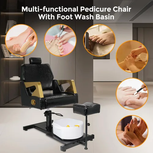 Miniatura 6 de Silla de pedicura con taburete y baño de pies de masaje, estación de pedicura giratoria de 360°, altura ajustable hidráulica, sin fontanería