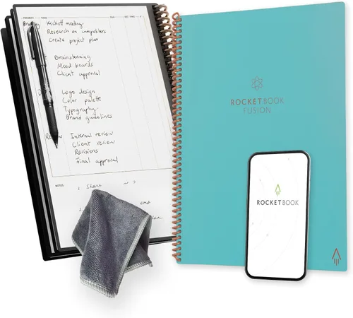 Miniatura 16 de Rocketbook Fusion Hybrid - Planificador y cuaderno reutilizables en uno, páginas en blanco adicionales, rastreador de metas y proyectos, Azul marino