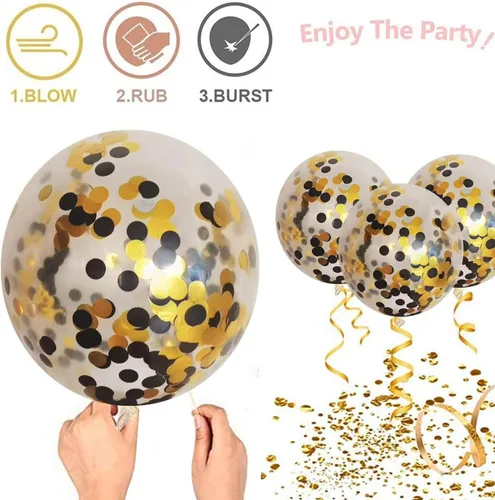 Miniatura 4 de Globos de látex de confeti negro y dorado, 50 piezas de 12 pulgadas, globos dorados metálicos y negros para decoraciones de fiesta de cumpleaños