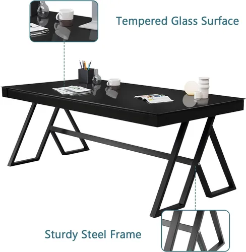 Miniatura 4 de Mesa de centro para sala de estar de 46 pulgadas, mesa de té de vidrio templado, mesa de cóctel, mesa de centro de patas triangulares de metal, mesa