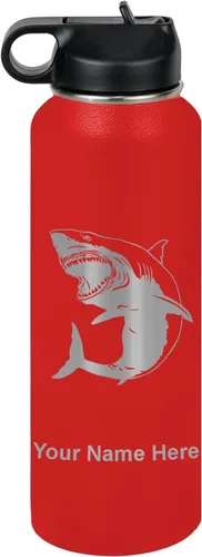 Miniatura 8 de LaserGram Botella de agua personalizada, gran tiburón blanco, acero inoxidable de doble pared aislada al vacío con popote superior, regalo grabado